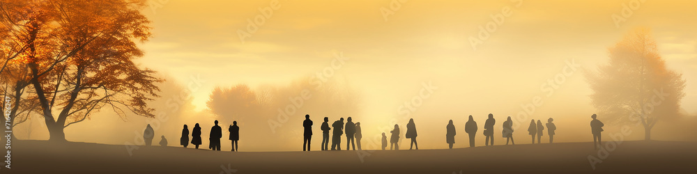 small silhouettes of  group  people on the background copy space autumn landscape long narrow panoramic view  golden fog morning tree