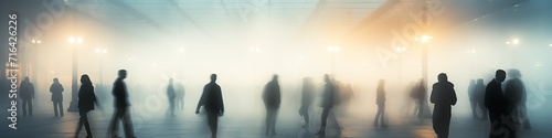 crowd of people in blurry motion in the fog of a city street, long narrow panoramic view, abstract background, urban smoke, concept social issues photo