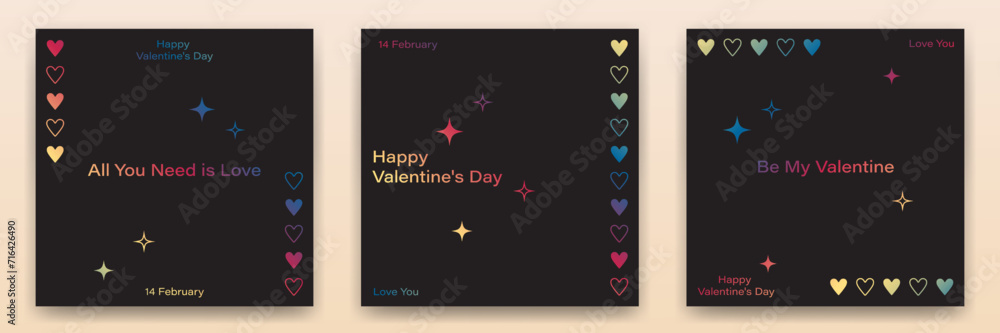 Set of Valentine's Day greeting cards on a black background in minimalism style.Modern design template for banner, invitation card, social media post, cover.
