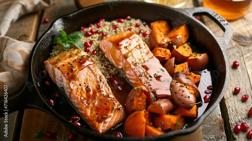 Spicy Pan-Seared Salmon with Roasted Sweet Potatoes and Brussels Sprouts