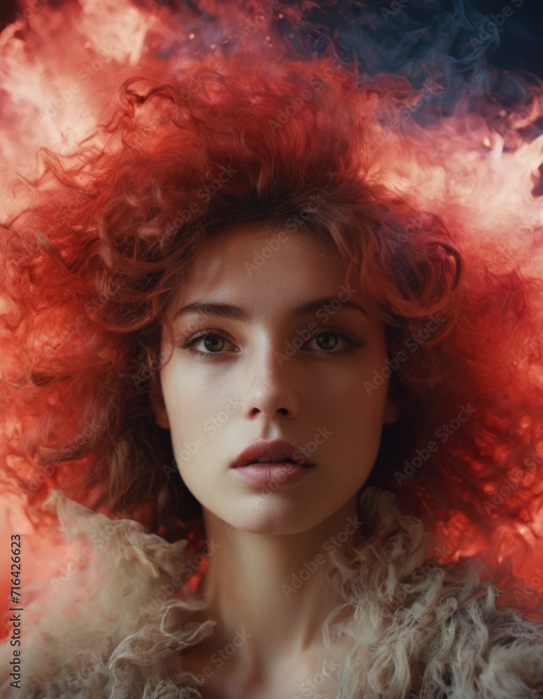 Fototapeta premium Waves of red mist enveloped the woman's head.