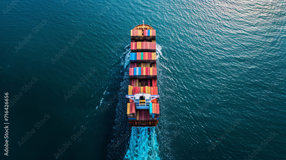 Aerial view of a large loaded container cargo ship