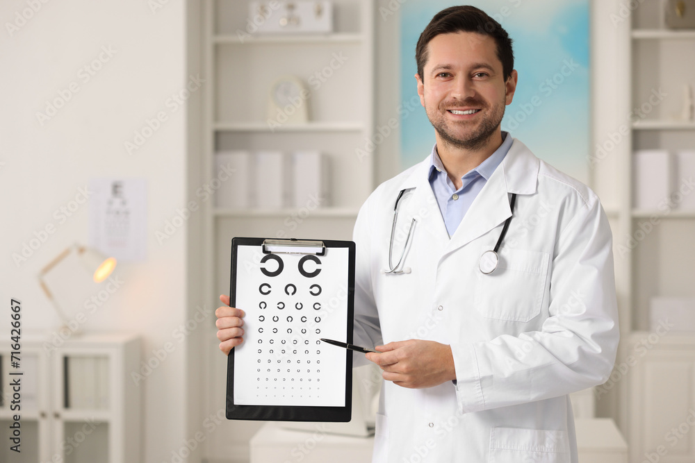 Ophthalmologist pointing at vision test chart in clinic, space for text Ophthalmologist pointing at vision test chart in clinic, space for text