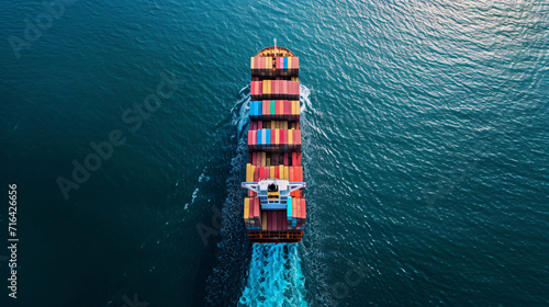 Aerial view of a large loaded container cargo ship