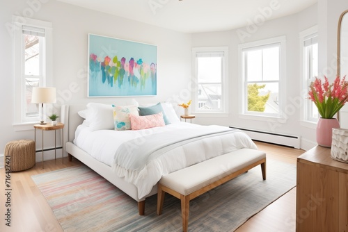bright bedroom, big windows, and white linens