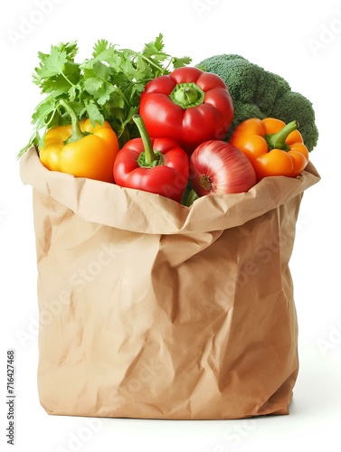 Paper bag with vegetables and fruits on white background. Vegetarian food. generative AI