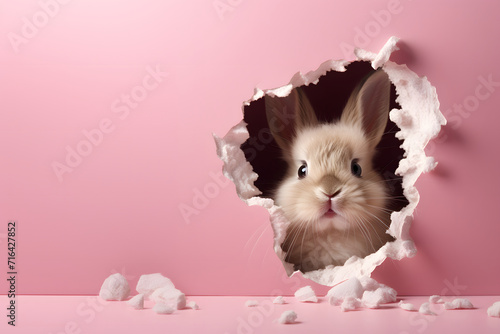 A curious Easter bunny looks out from a hole in a pink wall. congratulatory banner. pink background and space for text photo