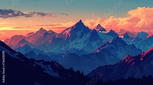 Depict a mountain range at twilight, with the peaks in shades of black, the skies in a gradient of red to blue, reflecting the transition from sunset to night. 