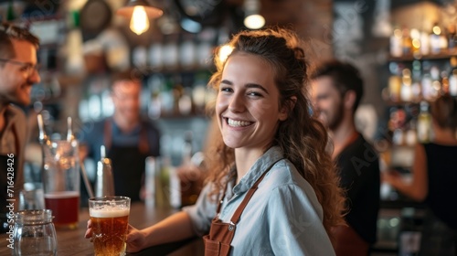 A young and friendly waitress at a bar serves a refreshing beer with a radiant smile  creating a lively and inviting atmosphere for customers  embodying excellent service in the hospitality industry.