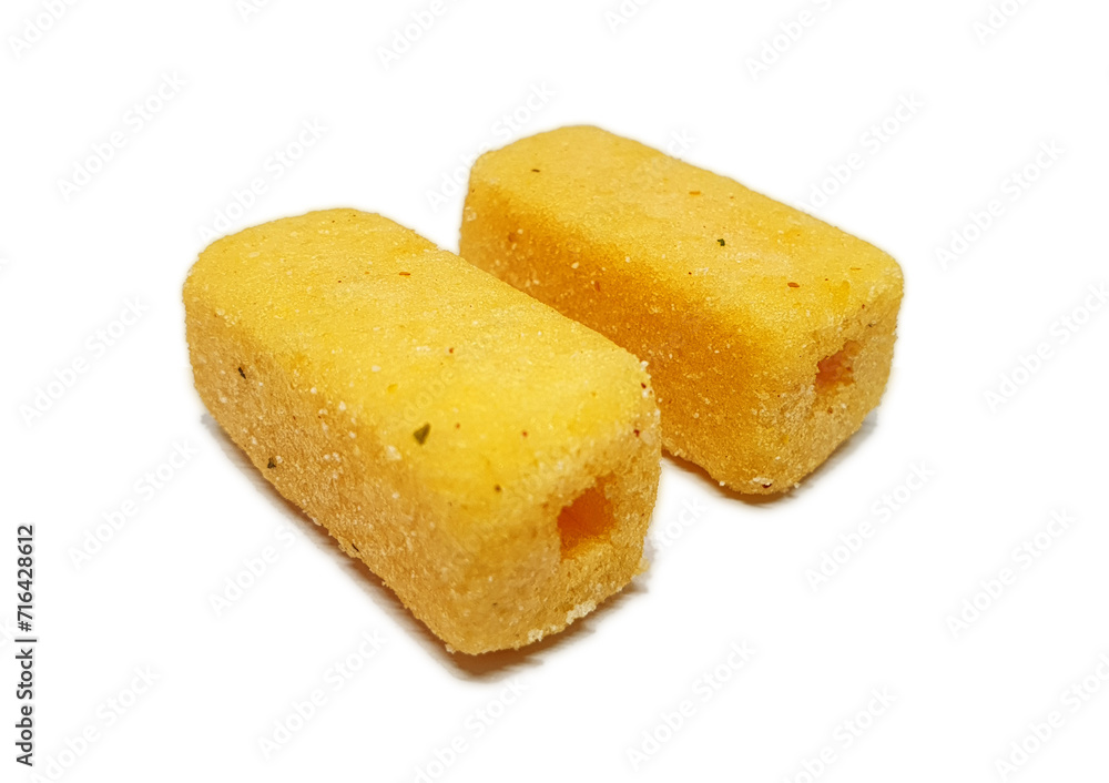 Close up of Crispy cheesy corn ring blocks isolated on white background. Sweet and salty snacks made by corn.