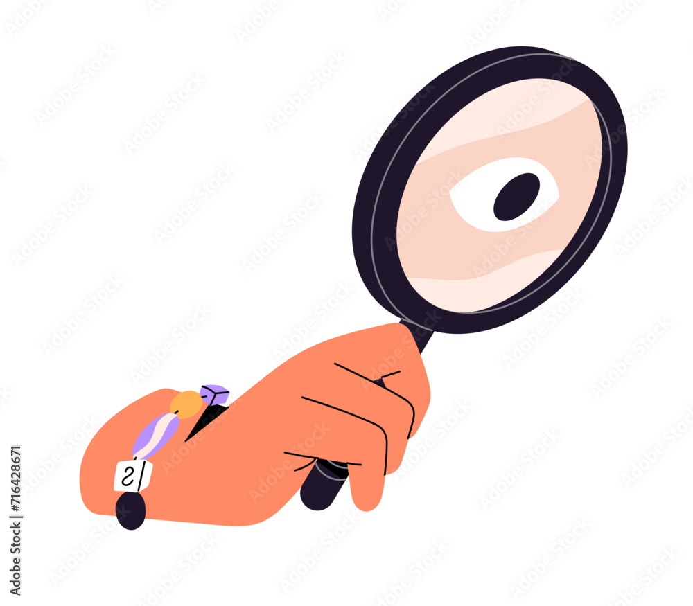 Person holds magnifying glass in hand. People observe, look through magnifier. Character searches information in internet, seeks with loupe. Flat isolated vector illustration on white background Person holds magnifying glass in hand. People observe, look through magnifier. Character searches information in internet, seeks with loupe. Flat isolated vector illustration on white background