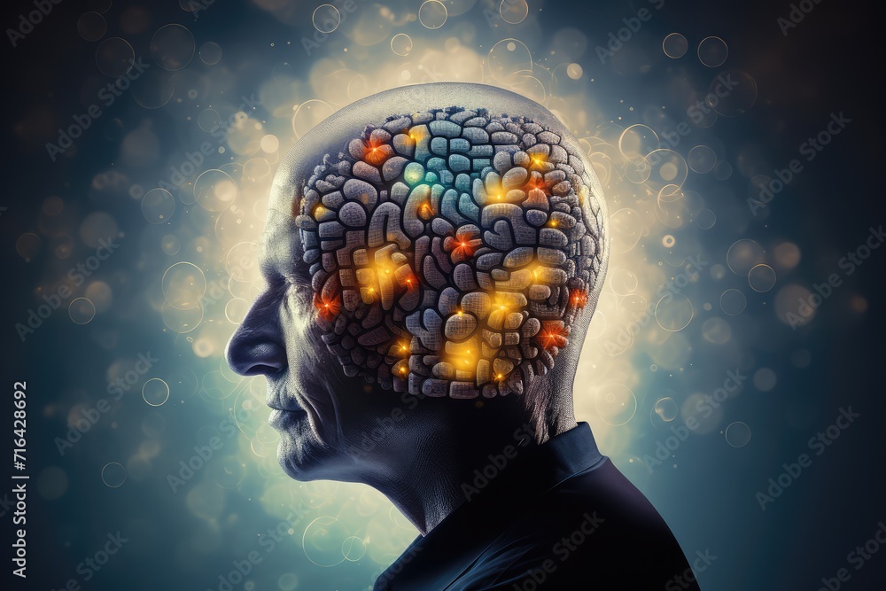 Skull's neurons gem-toned creativity. Synaptic connections, dappled in ...
