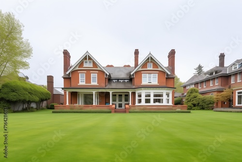 redbrick georgian mansion with whitetrimmed hip roof, lush lawn