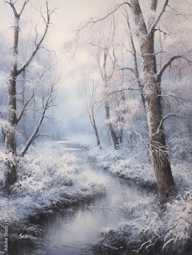 Snowy Winter Wonderland Riverside Painting: Frozen Stream and Icy Brooks