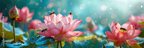  Beautiful Lotus Flowers Bees Swarming Pollen, Banner Image For Website, Background, Desktop Wallpaper
