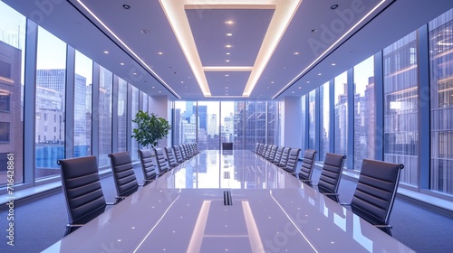 Contemporary Luxury conference room Interior with Stylish Furniture and Large Windows. photo