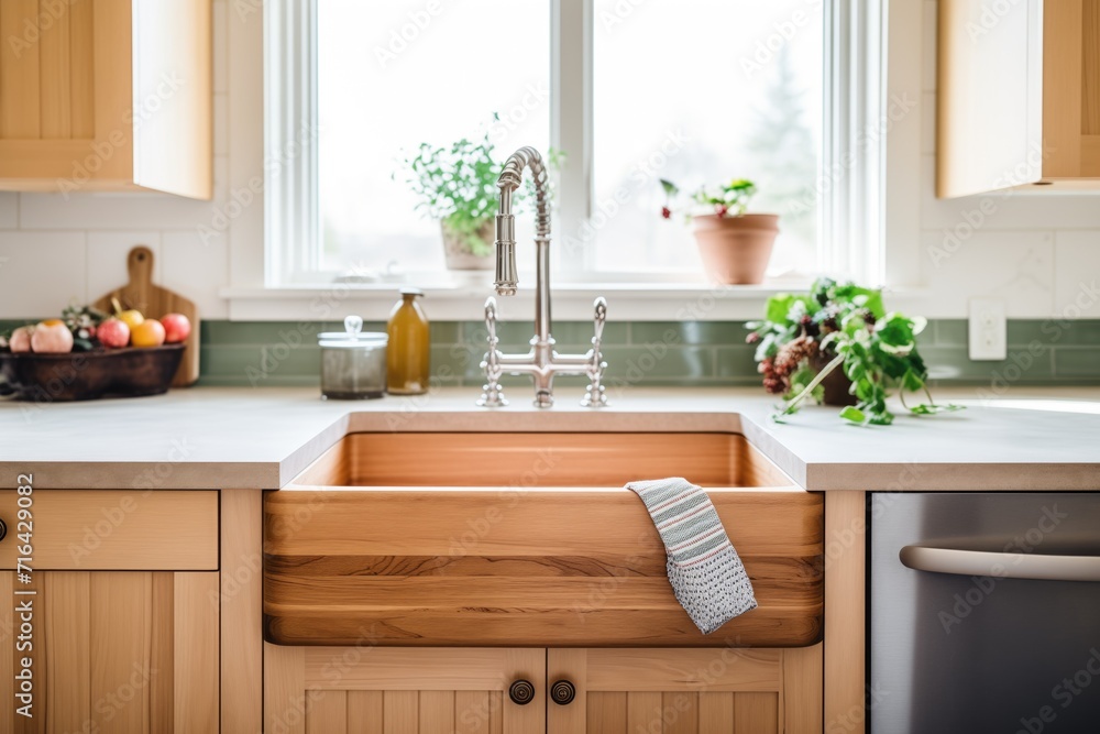 farmhouse wooden sink on stone countertop