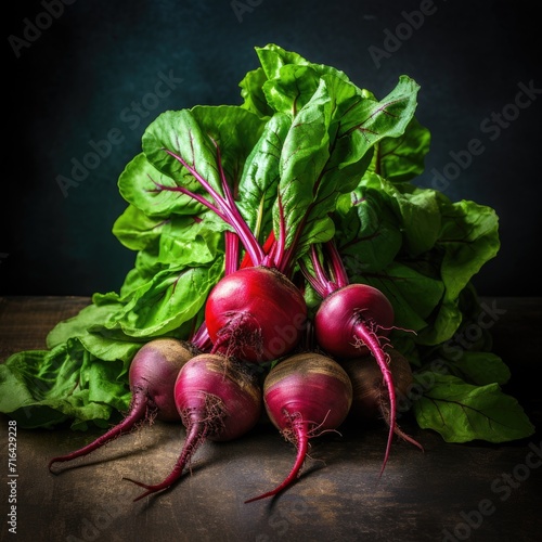 Red Beetroot with herbage green leaves on stone background.