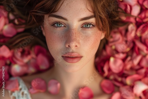 Portrait of a young and beautiful woman with perfectly smooth skin surrounded by rose petals. Banner for body care, spa salon, bio eco cosmetics concept. Model beauty shot.