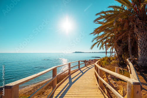 Obraz na płótnie Seascape on a sunny day with a clear blue sky. Palm trees on the beach. Winding boardwalk to the beach. Mazarron, Murcia, Spain w salonie