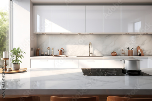 Corner of modern kitchen with white marble walls, concrete floor, gray countertops and white cupboards. 3d rendering photo