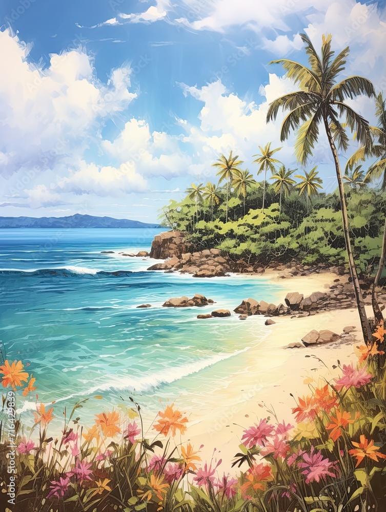Handmade Sun-kissed Tropical Bays Painting: Stunning Beach Scene Artwork