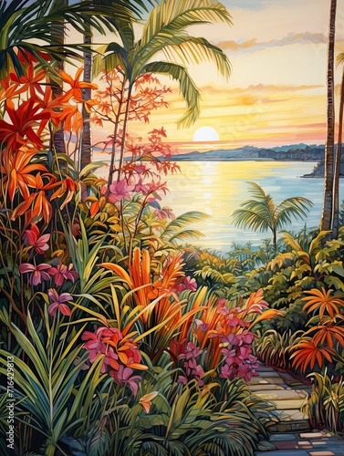 Sun-Kissed Tropical Bays Garden Scene Art  Vibrant Beach Flora for Exquisite Tropical Decor