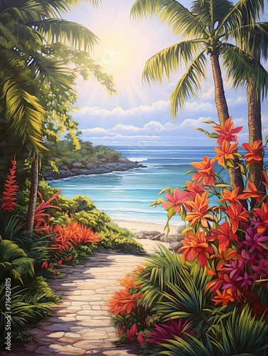 Sun-Kissed Tropical Bays Garden Scene Art: Beach Flora and Tropical Decor