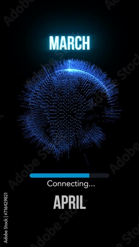 March connecting to April. Futuristic new neon symbol abstract digital concept. Global network and cyber technology background seamless and looped 3d animation.