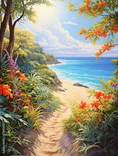 Sun-kissed Tropical Bays Pathway Painting - Tranquil Beach Walk Art with Nature Seascapes