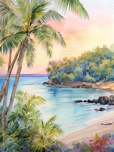 Sun-kissed Tropical Bays Watercolor Landscape - Pastel Beach Art