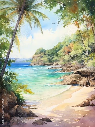Sun-kissed Tropical Bays Watercolor Landscape - Pastel Beach Art and Nature Wall Art