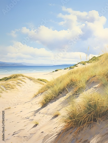Sunlit Dunes by the Sea: Coastal Art Print of Spectacular Sand Dune Vistas