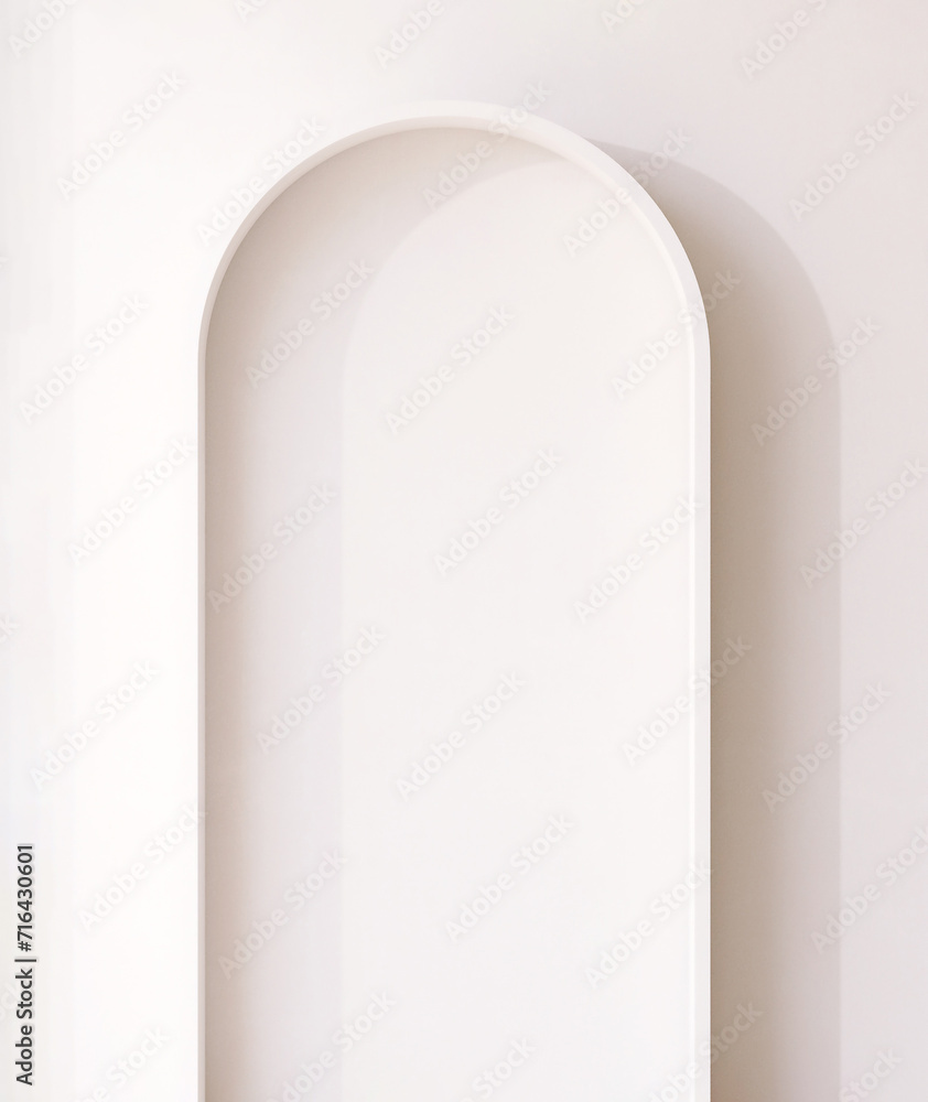 Empty white wall with embossed arch in sunlight and shadow for luxury beauty, cosmetic, skincare, body care, fashion product background 3D Empty white wall with embossed arch in sunlight and shadow for luxury beauty, cosmetic, skincare, body care, fashion product background 3D