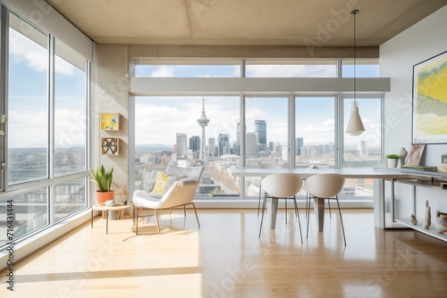 concrete loft with large glass windows and city view © studioworkstock