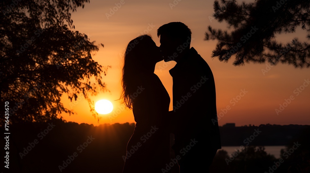 Lovers, Silhouette of a couple kissing against a colorful sky , lovers, silhouette, colorful sky