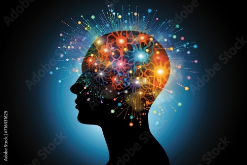 Celestial symphony of brain, neural pathways wit jazzy vibrancy. Mind's dazzling chromaticity, imagery techno hues. Neurons, sunkissed dots, synaptic vectors, mindful neurodynamic skull's vast expanse © Leo