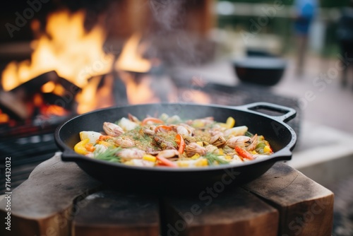 paella cooking over a traditional wood fire, flames visible