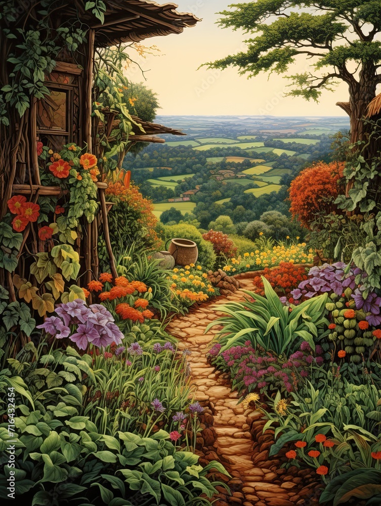 Fototapeta premium Timeless Tuscan Vineyards: A Serene Garden Scene of Vineyard Flora in an Enchanting Italian Garden