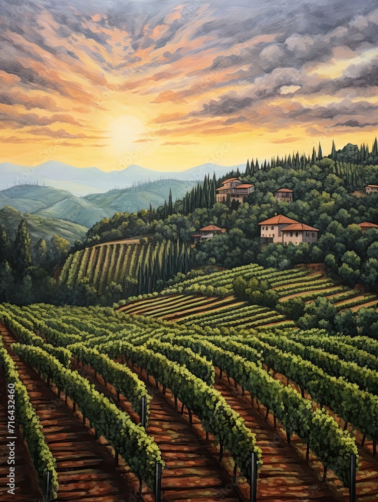 Timeless Tuscan Vineyards: Handmade Landscape Painting with Scenic Prints and Serene Vine Rows