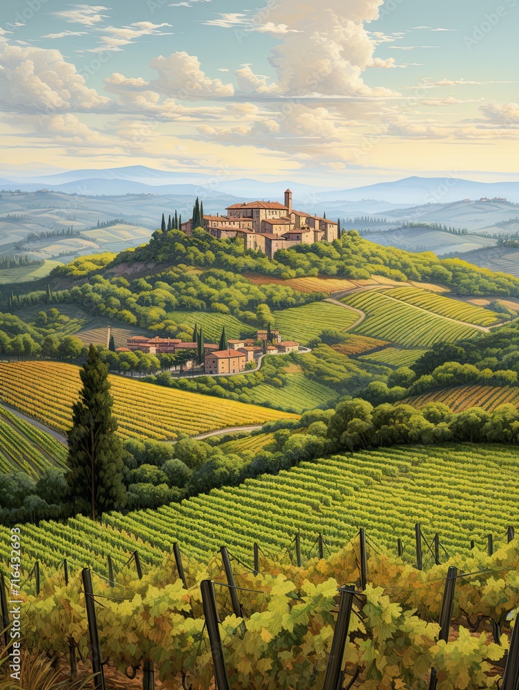 Timeless Tuscan Vineyards: Captivating Mountain Landscape Art Amidst Vineyard Hills