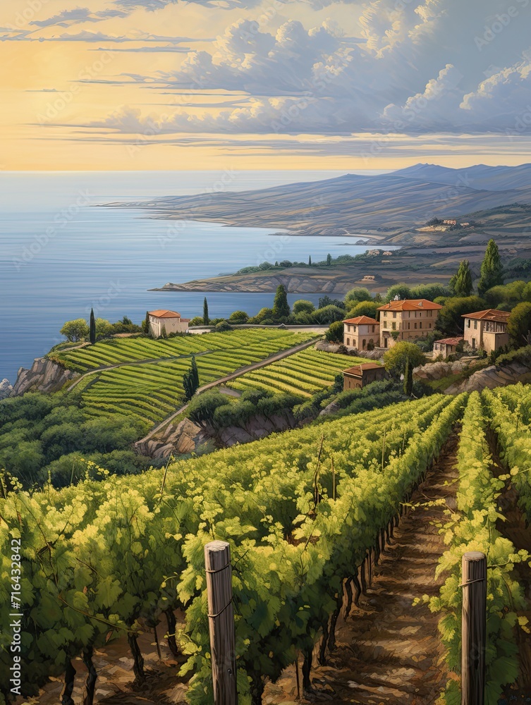 Timeless Tuscan Vineyards: Seascape Art Print of Coastal Vineyards on the Italian Coast