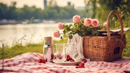 Romantic picnic setup with wine and flowers , romantic picnic setup, wine, flowers