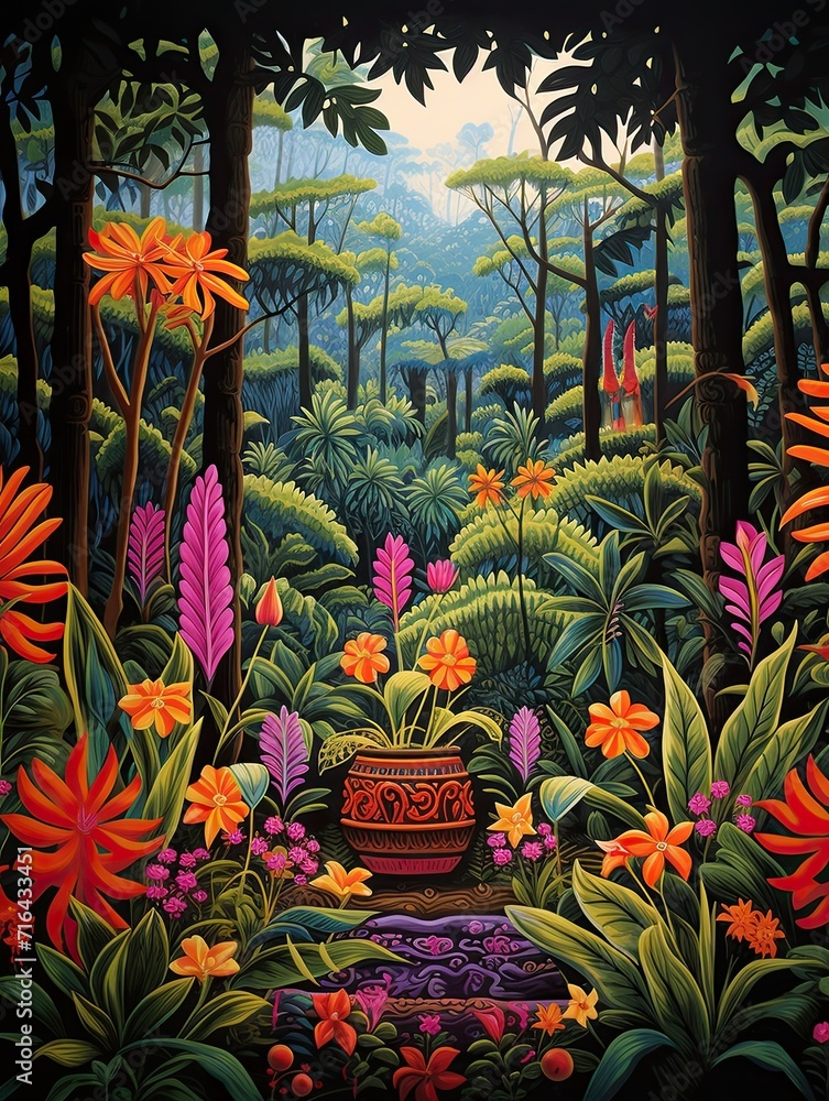 Fototapeta premium Traditional Native Tribal Art Garden: Flora Indigenous Patterns in a Captivating Garden Scene