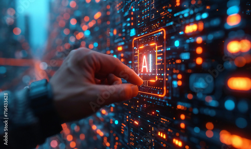 A man clicking on a AI hologram button. Artificial Intelligence technology creative concept.