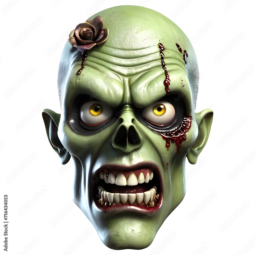3d character Scary Zombie face, 3d rendering style in transparent background 3d character Scary Zombie face, 3d rendering style in transparent background