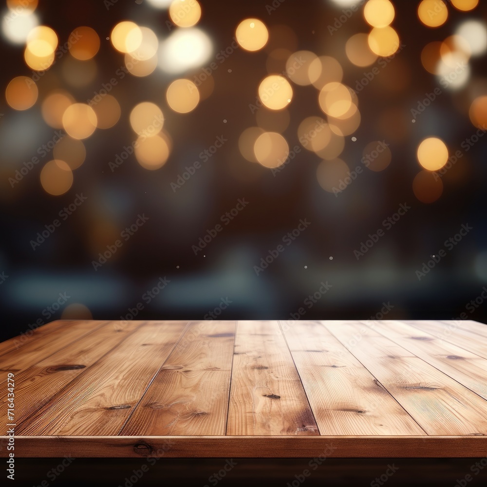 wood table top with lights blur background, 3d illustration
