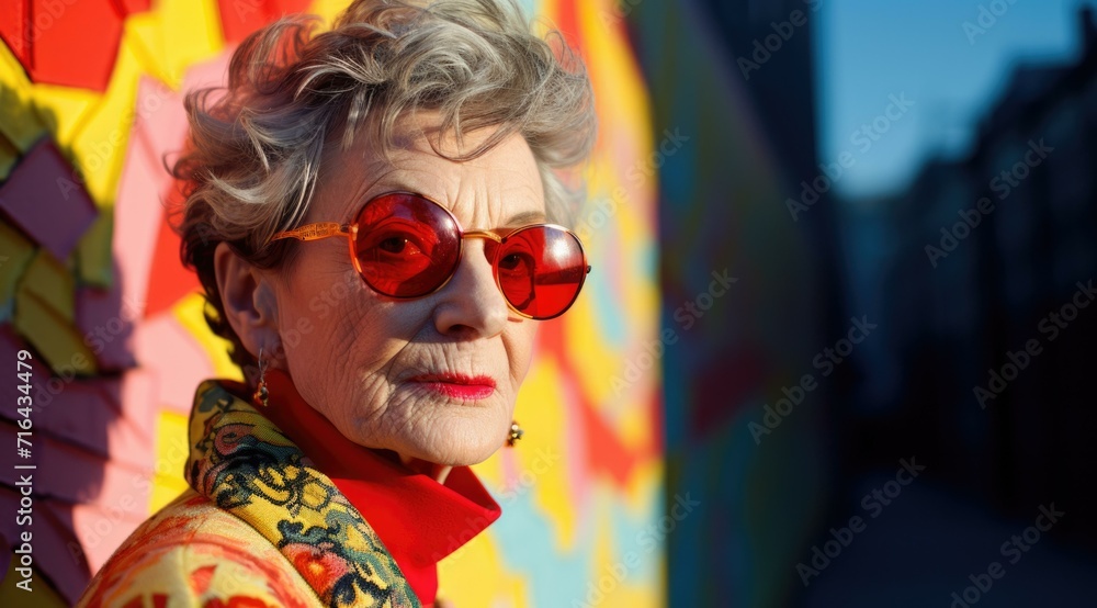 An older woman wearing red sunglasses and a colorful shirt. Generative AI.