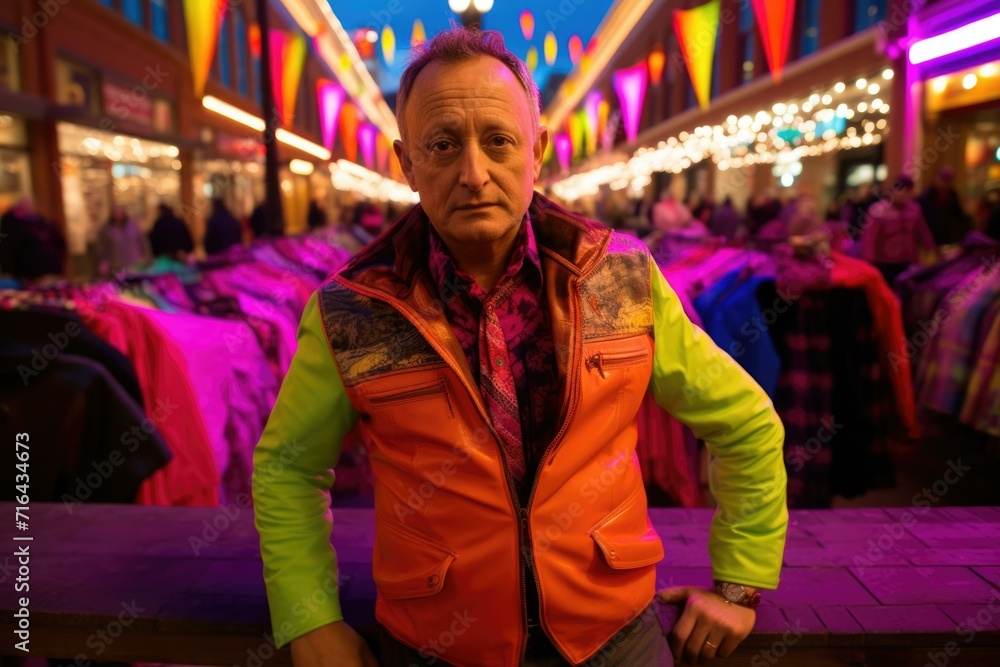 A man in an orange and pink jacket standing in front of a store. Generative AI.