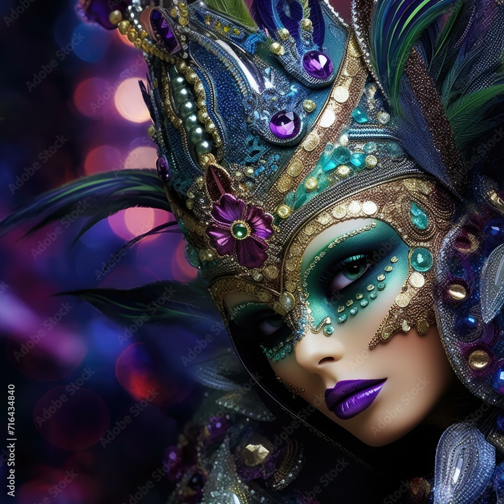 Beautiful woman in a colorful mask with feathers. Generative AI.